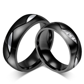 ROWAG Novelty Mens Black Titanium Stainless Steel Couple Wedding Bands for Him and Her Womens Rhinestone CZ Inlay Valentines Day Promise Engagement Rings