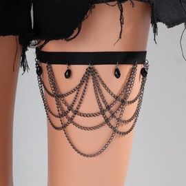 JJDreams Thigh Chain Boho Leg Chain Body Jewelry Accessories Elasticity Adjustable Thigh Chain for Women,Black Water Droplets