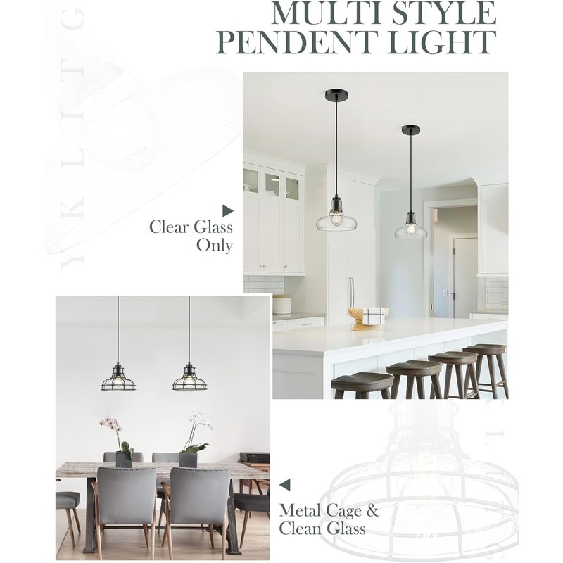 YKLITG 2PK 8.7" Industrial Pendant Lights with Glass Shade &