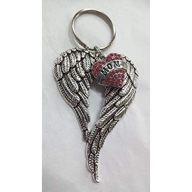 Mom Memorial Angel Wings Keychain Sympathy Gift with Pink Rhinestone Heart
