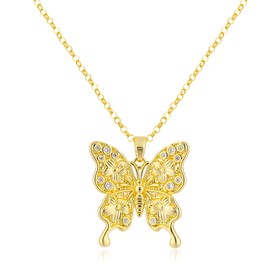 Gold Butterfly Necklace for Women 14K Gold Plated Flower Pattern Butterfly Pendant Necklace Vintage Cubic Zirconia Butterfly Charm Necklace Adjustable Chain Insect Fairy Trendy Jewelry Gift for Women