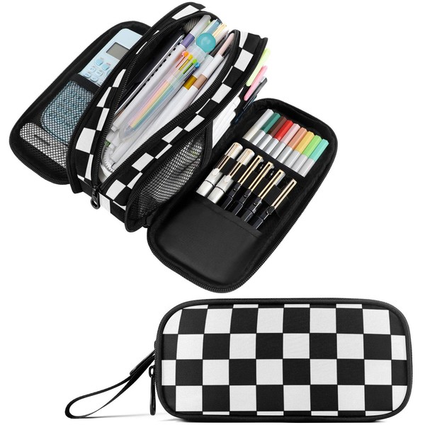 Fustylead Checkered Big Capacity Pencil Pen Case, Multi-Purpose Makeup Bag