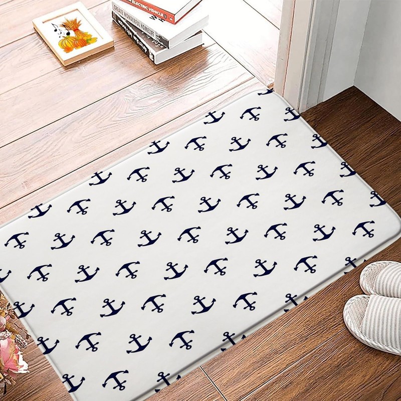 Nautical Anchor Bath Mat,Navy Blue White Anchor Ocean Bathroom Kitchen