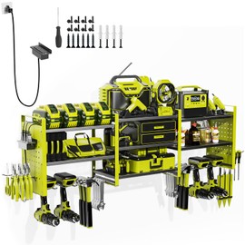 Power Tool Organizer Wall Mount with Charging Station,45.6 Inch 3 Layers Heavy Duty Metal Power Tool Storage Rack,Tool Organizers and Storage with 6 Drill Holders,Screwdriver,6.5FT Power Strip(Green)