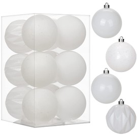 8 cm Christmas Baubles, Glitter Ornaments, 12 Pieces, Shatterproof Christmas Plastic Baubles, Hanging Bauble, White, for Christmas Tree, New Year Ornaments