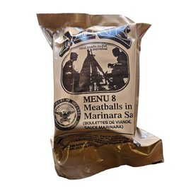 Genuine USGI Individual MRE [Meal, Ready to Eat] Inspection Date 01/2024 or Newer - You Choose Menu - Complete Ration with Entree, Snacks, Dessert, Drink Mix, Utensils, Condiments and FRH. (#8 Meatballs in Marinara)