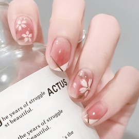 COLORBIRD Nail Tips, Short, 24 Pieces, Pink, Flowers, Nail Tips, Short, Cute, Square-off, Round (R516)