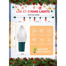 C7 LED Christmas Lights Outdoor Red & Pure White, 100FT Christmas String Lights with 100 Plastic Bulbs, Traditional Hanging Holiday Lights for Christmas Tree Patio Fence Roofline Xmas Decorations