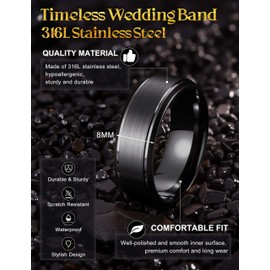 Jstyle Stainless Steel Wedding Rings for Men Women 8MM Mens Wedding Band Silver/Black/Gold Engagement Mens Rings, Matte Surface Polished Edge Men Ring Jewelry Comfort Fit Black Ring Size 11