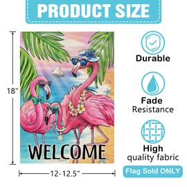 Dyrenson Welcome Summer Flamingo Decorative Garden Flag, Beach Coastal Tropical Palm Leaves Yard Outside Home Decoration, Hawaii Nautical Seasonal Burlap Outdoor Small Decor Double Sided 12 x 18