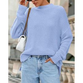 Zenlonr Women Long Sleeve Sweaters 2025 Fall Winter Ribbed Knit Pullover Sweater Casual Loose Crewneck Split Jumper Tops(Light Blue,Medium)