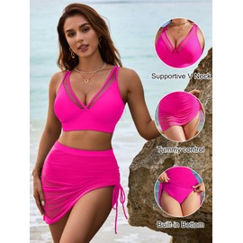 Blooming Jelly Women Swim Dress High Waisted Bikini Sets Tummy Control Bathing Suits Push Up Swim Suits (XL, Hot Pink)