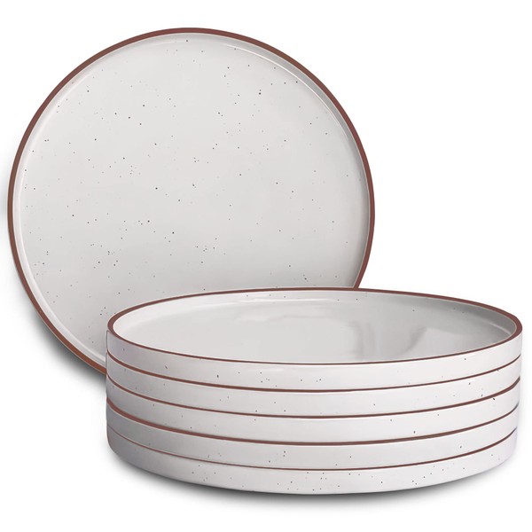 Mora Ceramic Flat Dinner Plates Set of 6, 10.5 in High Edge Dish Set - Microwave, Oven, and Dishwasher Safe, Scratch Resistant, Modern Dinnerware- Kitchen Porcelain Serving Dishes - Vanilla White