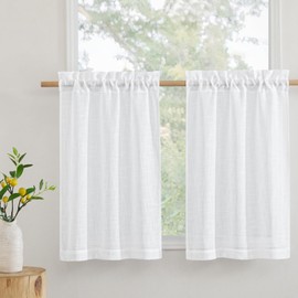 RYB HOME Cafe Semi Sheer Valances for Small Short Windows, Light Filtering Boho for Bathroom Kitchen Kids Room, Linen Textured Breathable Home Decor, W 42 x L 30 inches, White, 2 Panels