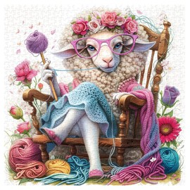 Animal Sheep Puzzles for Adults 1000 Pieces, Yarn Cute Lamb Jigsaw Puzzles, Colorful Knitting Flower Puzzle as Home Decor