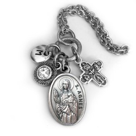 St. Agnes Necklace, Keychain, Purse Clip, Birthstone Crystal, Monogram Initial, Catholic Confirmation Gift