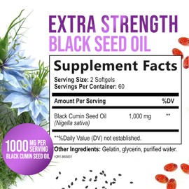 Black Seed Oil Capsules, 1000mg Per Serving - Best Cumin Seed Oil - Pure Nigella Sativa Black Seed Oil & Thymoquinone - Amazing Antioxidant for Skin Support Supplement - Bottled in USA - 120 Softgels
