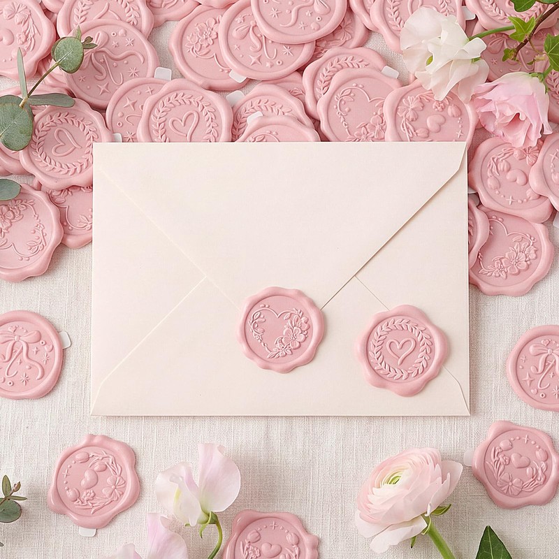 60 Pcs Wax Seal Stickers, Blush Pink, 4 Heart Styles