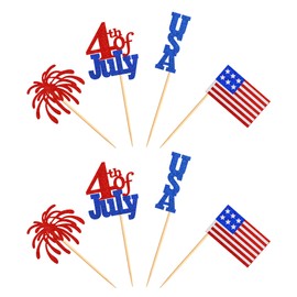32 piezas de decoración para cupcakes del Día de la Independencia con purpurina, bandera nacional para decoración de tartas, palillos de dientes del 4 de julio, accesorios de fotos para fiestas patrióticas (FLAG)