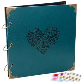 ADVcer Photo Album DIY Scrapbook - 12x12 inch 50 Pages Vintage Leather Cover Three-Ring Binder Love Picture Booth Albums with 408pcs Self Adhesive Photos Corners for Memory Keep, Heart (Jasper Green)