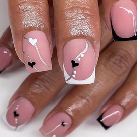 Press on Nails Coffin Short 24Pcs Acrylic Glitter False Nails with Pink and Purple Heart Rhinestone Designs Glossy Full Cover Reusable Artificial Square Fake Nails Sets with Glue for Women Girls