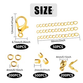 ALEXCRAFT Jewellery Making Accessories Set, Including Lobster Clasps, Open Jump Rings, Round Crimp Beads, Crimp Bead Tips, Knot Covers/Extension Chain, DIY Accessories (Gold) 1000 Pieces
