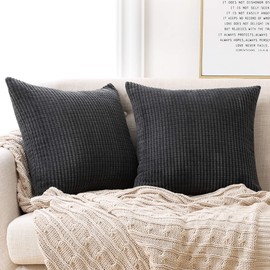 Deconovo Set of 2 Super Soft Corduroy Large Cushion Covers 60cm x 60cm, 24x24 Inches Grid Solid Throw Pillow Casess, Square Pillow Protectors Cushion Covers for Kitchen Chairs(Dark Grey, 2 Pieces)