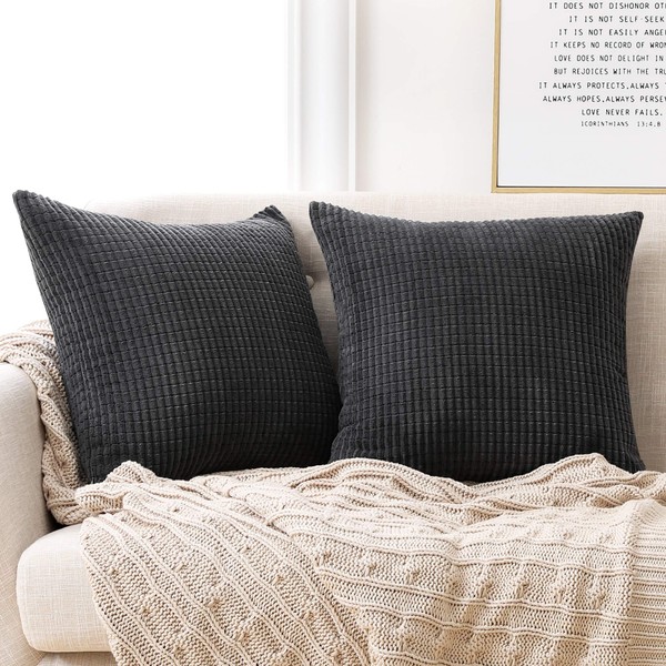 Deconovo Set of 2 Super Soft Corduroy Large Cushion Covers 60cm x 60cm, 24x24 Inches Grid Solid Throw Pillow Casess, Square Pillow Protectors Cushion Covers for Kitchen Chairs(Dark Grey, 2 Pieces)