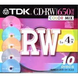TDK CD-RW Data 650MB 4x Color Mix 5mm Thick Case Pack of 10 [CD-RW74X10CCS]