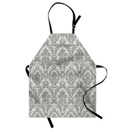 Lunarable Damask Apron, Baroque Style Leaf Blossoming Pattern Flowery Design Curves Ornamental Artwork, Unisex Kitchen Bib Apron with Adjustable Neck for Cooking Baking Gardening, Gray