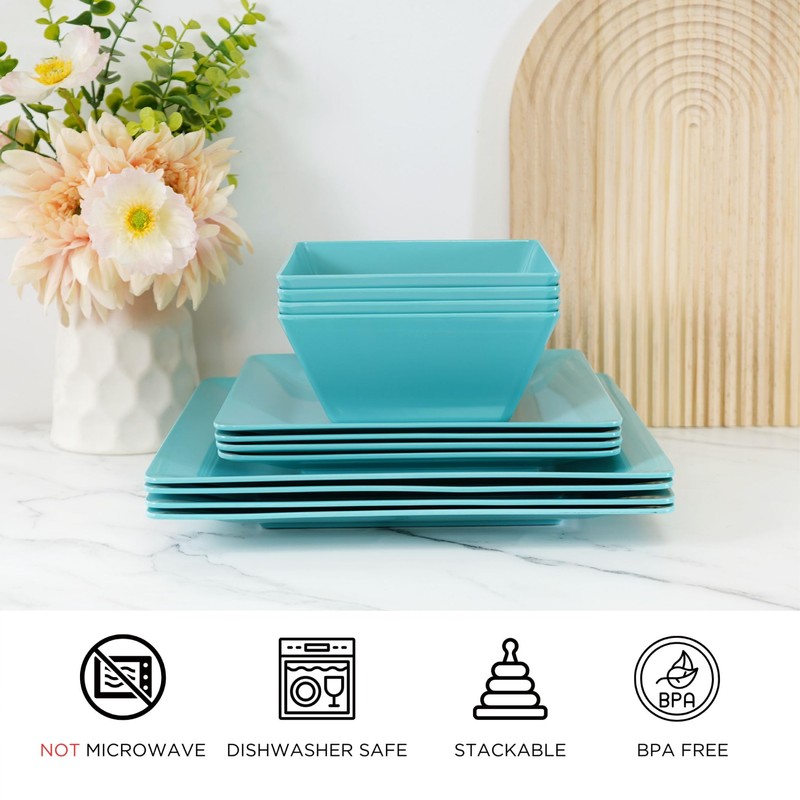 TP 12-Piece Square Dinnerware Set, Melamine Dishes Set with Bowls