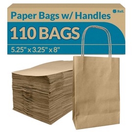 Reli. 5.25x3.25x8 in. Small Paper Bags with Handles | 110 Pack | Kraft Brown Paper Bags with Twist Handles Bulk | Ideal for Gifts, Retail, Shopping, Merchandise, Crafts