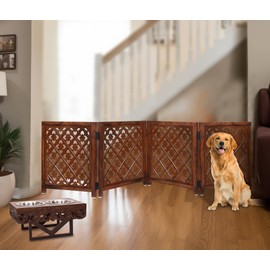 Wooden Foldable Pet Dog Safety Gate - 4 Panels Lattice 20 W x 24 H - Hand Carved Solid Wood & MDF - Free Standing Portable Indoor Doorway Hall Stairs Puppy Fence - Assembled - Antique Brown - IRONGATE