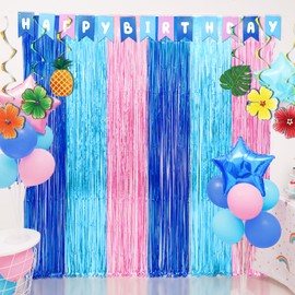 Cartoon Birthday Decorations, 2 Pack Luau Party Photo Booth Props, Blue Pink Fringe Curtains Tinsel Photo Streamers Backdrop for Cartoon Birthday Party Supplies