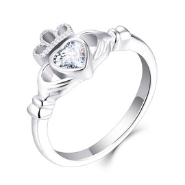 Old English Jewellers 925 Sterling Silver Cz Claddagh Irish Celtic Ring size J K L M N O P Q R S - Love Loyalty & Freindship - Rhodium Overlay (M)