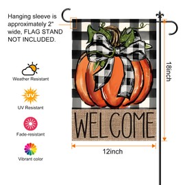 CJYGEGE Fall Pumpkin Welcome Fall Garden Flag for Outside 12x18 Inch, Autumn Garden Flags Double Sided Thanksgiving Harvest Buffalo Plaid Burlap Yard Flag for Outdoor Decoration Holiday Festivities