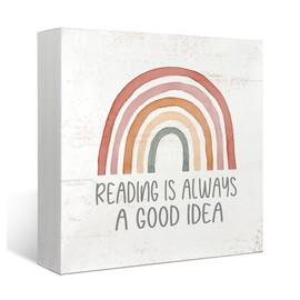 Mtrgdn Reading Conner Decor Boho Classroom Decor Reading is Always a Good Idea Wood Box Sign Desk Decor Rustic Boho Rainbow Wooden Box Block Sign Decorations for Home Nursery Tabletop Desk