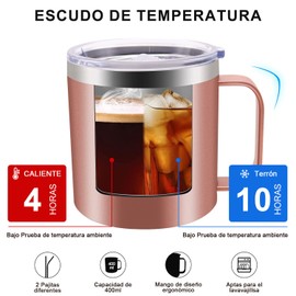 Termo para Cafe de Acero Inoxidable 400ml, Termo Taza para Café con Tapa Hermética, Pajita y Cepillo de Limpiezar, Taza Termica Frio y Caliente Portátil Vaso de Viaje para Cafe, Té, Agua y Una Variedad de Bebidas (oro rosa)