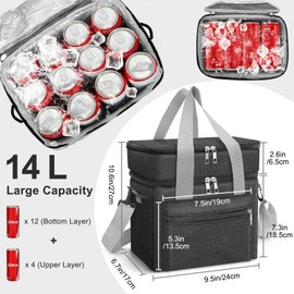 EEEKit 14L Double Deck Insulated Lunch Bag, Leakproof Cooler Bag Thermal Lunch Tote Bags for Work School Office Picnic Outdoor, Black