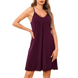 Uniexcosm Women's Nightdresses Sleeveless Soft Cotton Ladies Negligees V Neck Lace Chemise Sexy Spaghetti Strap Nighties Nightgown Nightshirt Nightwear Sleepwear Loose Fit S-3XL Dark Purple