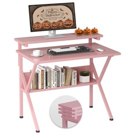 COTUBLR Small Desk, 27.5 Inch Small Computer Desk for Small Spaces, Computer Desk with Adjustable Monitor Stand, Compact Desk with Storage, Tiny Desk Study Desk for Bedroom Home Office, Pink