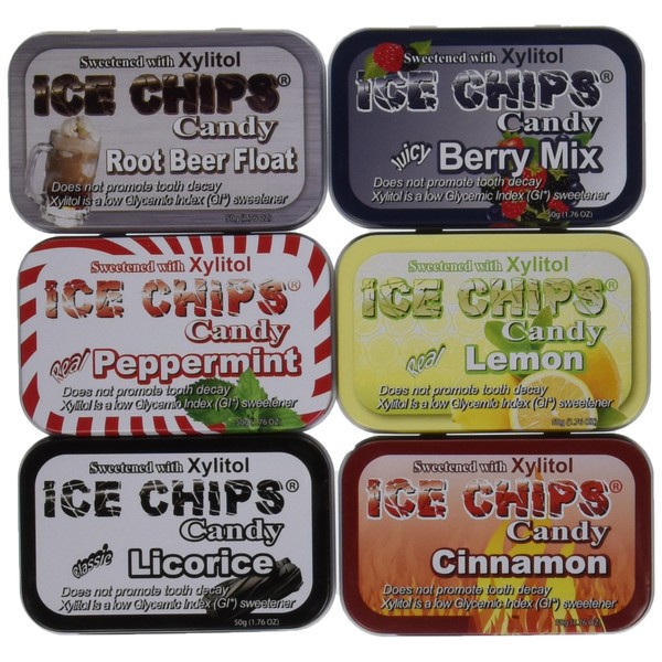 ICE CHIPS Xylitol Candy (Variety Pack) 6 Tins - 10.56 oz total