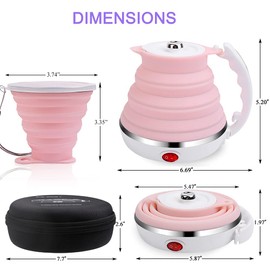 Upgrade Travel Kettle, ShineMe Food Grade Silicone Dual Voltage 110-220V Ultrathin Portable Electric Water Kettle with Cup, Universal Adaptor and Detachable Power Cord, 555ML (Pink)