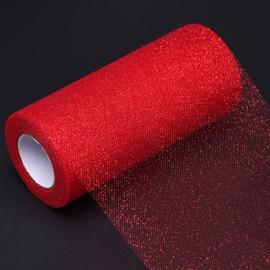 Senkary Glitter Tulle Roll Sparkling Tulle Ribbon Fabric Tulle Spool for Wedding Decoration Gift Wrapping, 6 Inch by 25 Yards (Red)