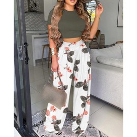 Mandonce 2 Piece Outfits for Women Crew Neck Short Sleeve Crop Tops Printed Wide Leg Long Pants Summer Matching Sets