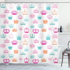 Lunarable Princesa Cortina de Baño, Varios Diseños de Coronas, Paño Conjunto de Decoración de Baño de Tela y Ganchos, 70" Alto, Multicolor