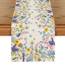 Artoid Mode Daisy Lavender Hydrangeas Spring Table Runner,Seasonal Summer Wildflowers Kitchen Dining Table Decoration for Home Party Decor 13x120 Inch