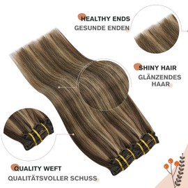 Ugeat Clip-In Real Hair Extensions Dark Brown with Caramel Blonde Clip-In Extensions Double Wefts Real Hair Extensions Clip in 35 cm 120 g Hair Extensions Real Hair