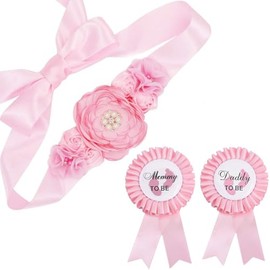 ChungLong0593 Blue Mommy to Be & Daddy to Be Ribbons Flower Belly Belt Set - Ideal for Baby Shower Celebrations-D