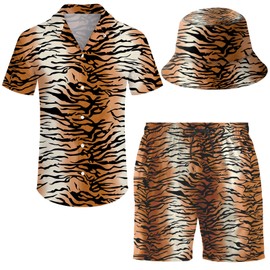ifamawlea Men's 2 Piece Tracksuit Hawaiian Shirt Shorts Button Down Shirt and Shorts Sets with Bucket Hats, Animal Print Tiger, 3X-Large